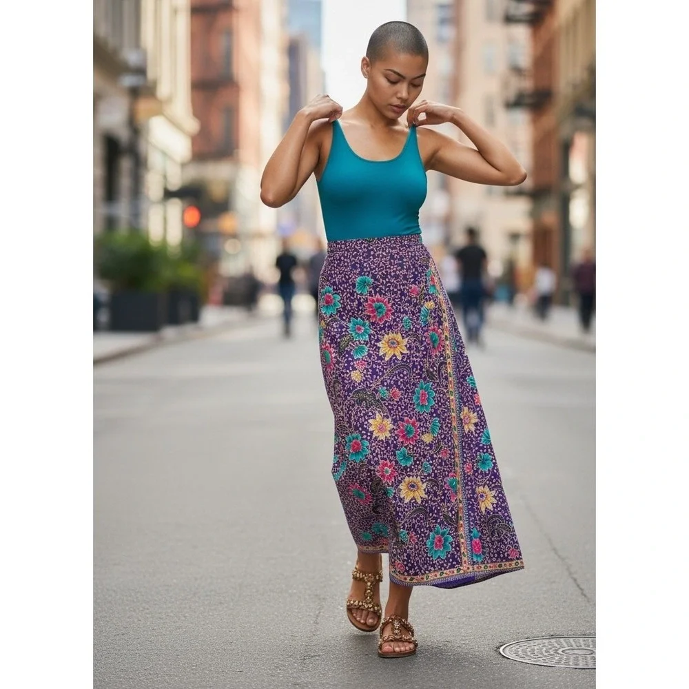 Emchit 5029 Batik Floral Wrap‎ Maxi Skirt Purple Cotton 28 Boho Ethnic Festival